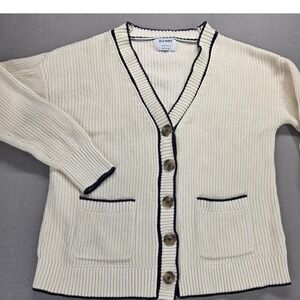 Old Navy Women's Cotton Button Cardigan Sweater Large Beige Navy Trim‎ Preppy